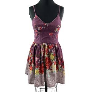 FIRE Los Angeles Purple Floral Bustier Fit & Flare Mini Dress Smocked Cotton M